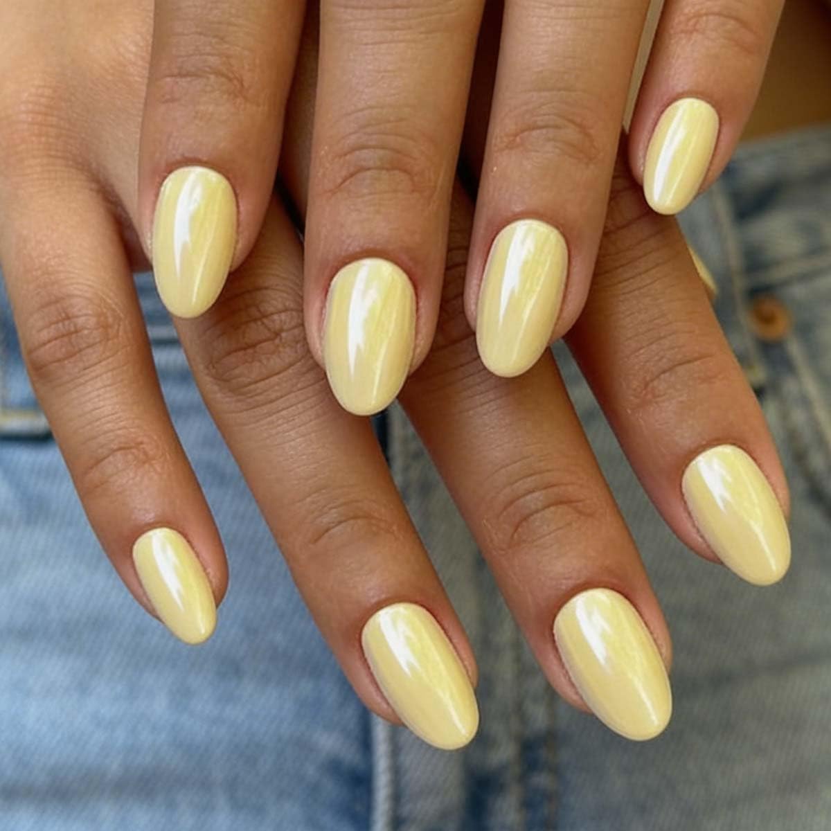 Yellow Chrome Press on Nails Short Almond Fake Nails Spring Summer Nails Press ons with Design,Reusable & Easy Apply Full Cover Stick on Nails for Women Manicure 24Pcs