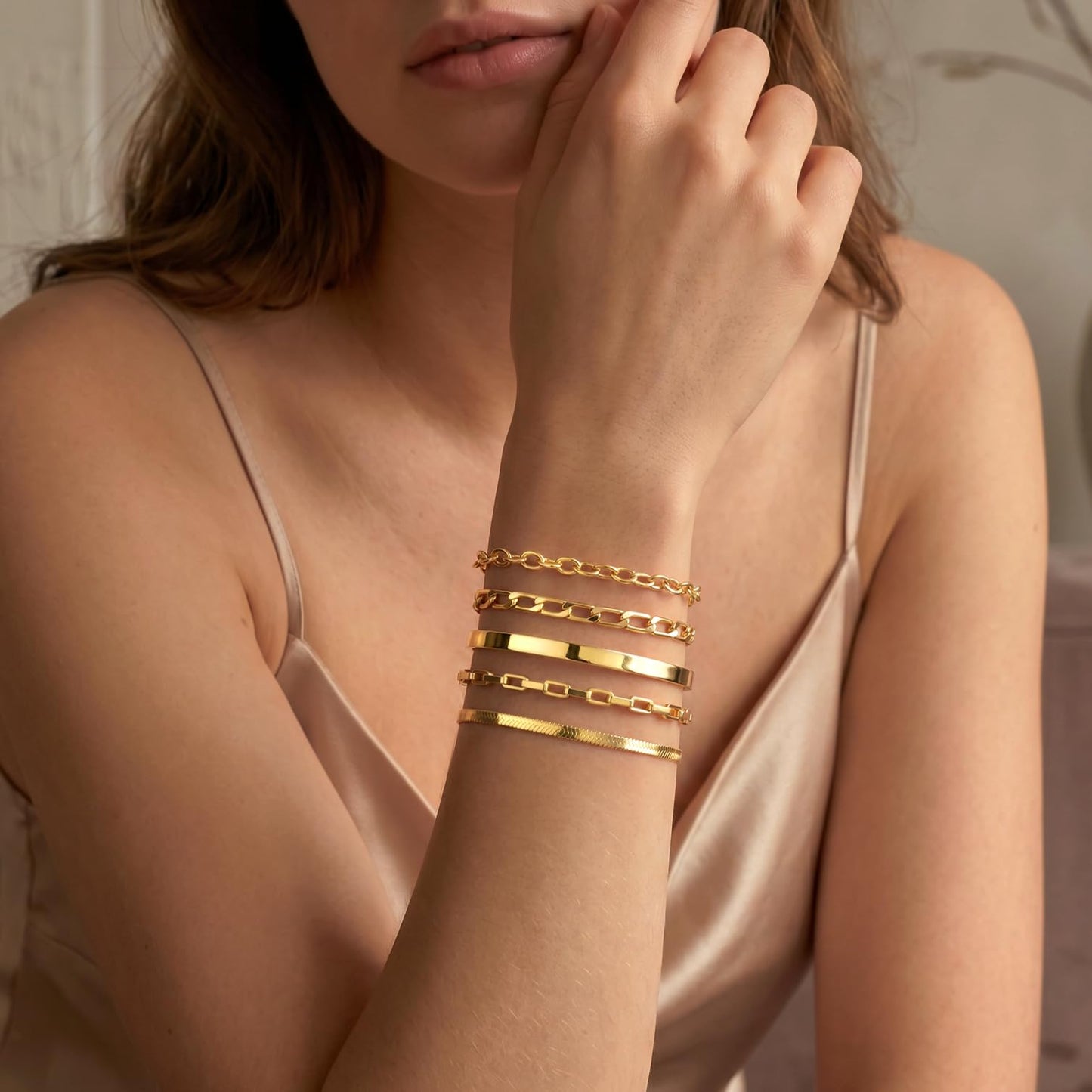 Gold Bracelets for Women Non Tarnish Bangle Cuff, Stackable Bracelet Set on Chunky Bangle Cuff, Box Link, Paperclip, Herringbone, Figaro Chain, Adjustable Waterproof Non Tarnish Jewelry Gifts for Women