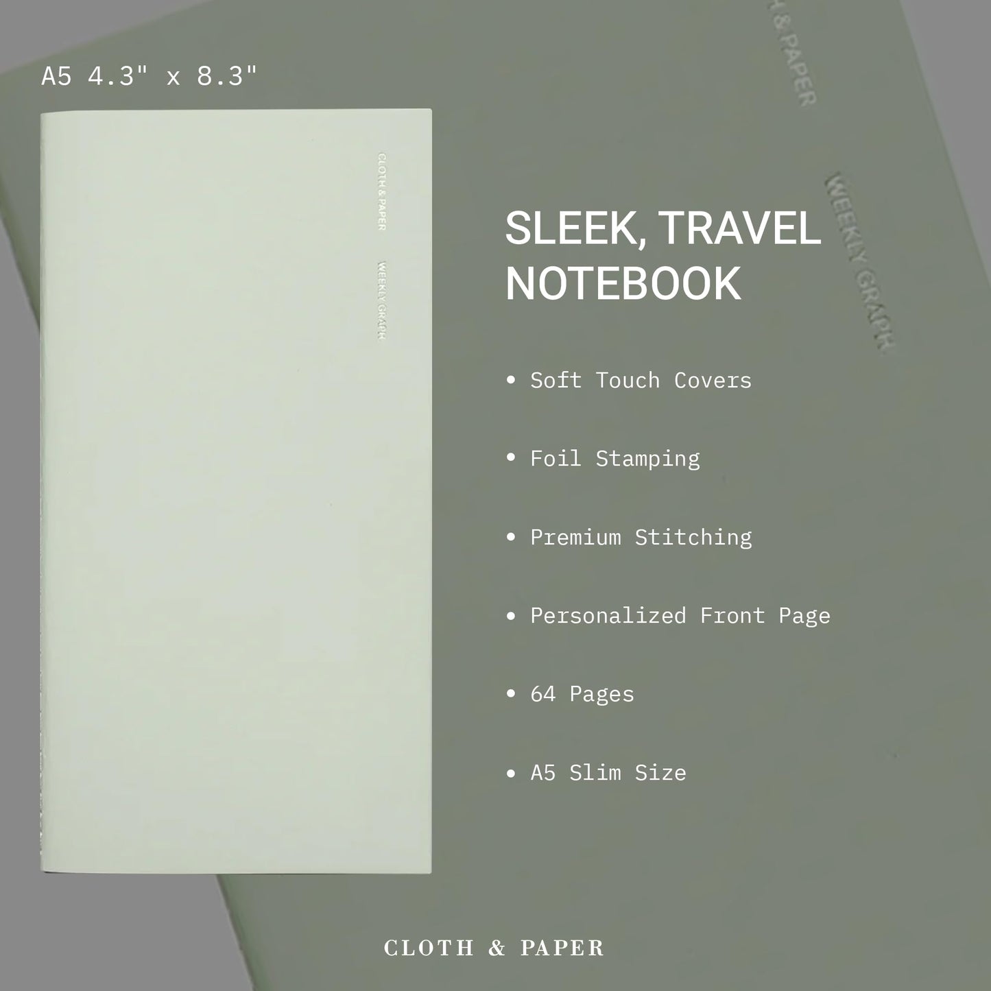 Cloth & Paper Travel Notebook | Weekly Planner Graph – Matcha | A5 Slim Weekly Planner Notebook 4.3" x 8.3" | Weekly Schedule Planner with Graph Layout for Planning, Tasks & Notes – Soft Touch Cover