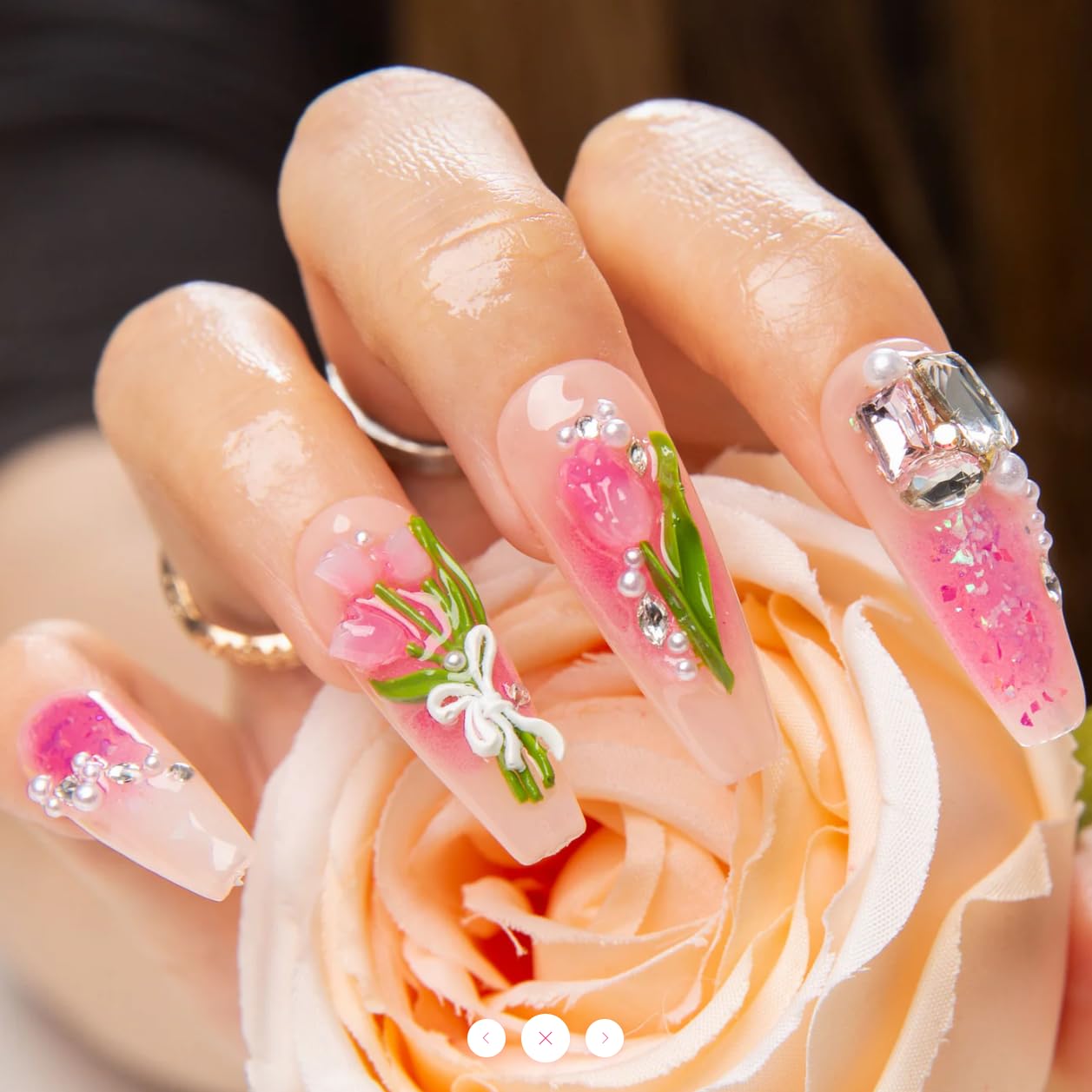 LOVFUL Reusable Press on Nails | Blushing Tulips | Salon Quality Sustainable Style Handmade with Full Covered Crystals | Coffin Classic Regular 1.3 in | H459-S
