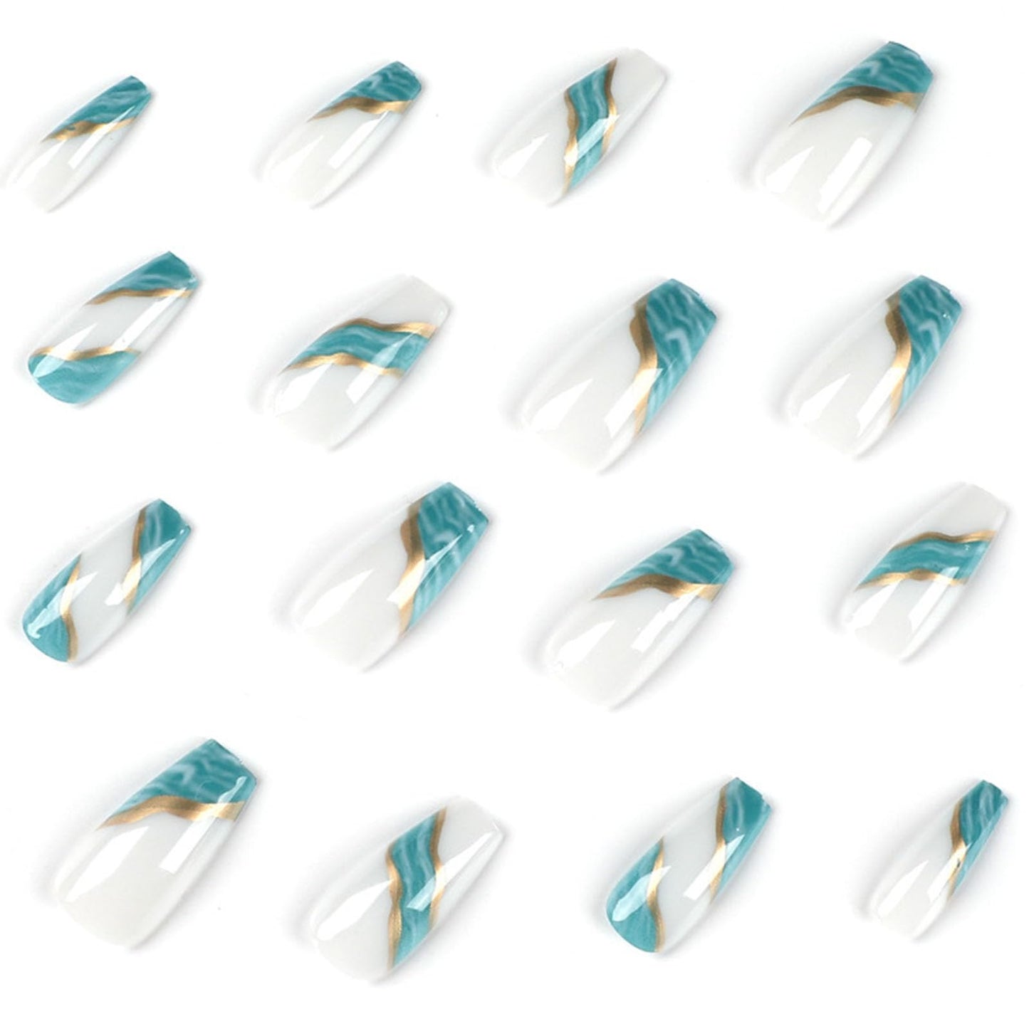 Coffin Press Ons Medium Fake Nails - Gold Line Designs, Light Blue Smudge Nails, Press Ons with White Glue, Glossy Full Cover Artificial Stick On Nails - 24PCs