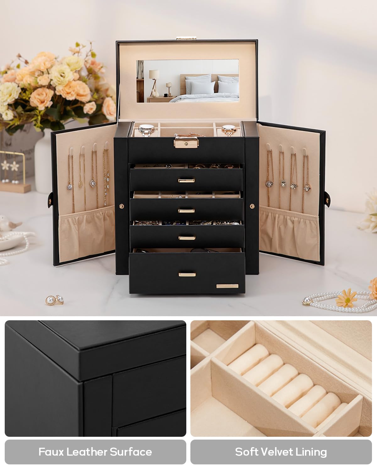 Homde Synthetic Leather Huge Jewelry Box Mirrored Watch Organizer Necklace Ring Earring Storage Lockable Gift Case (Black + Gold)