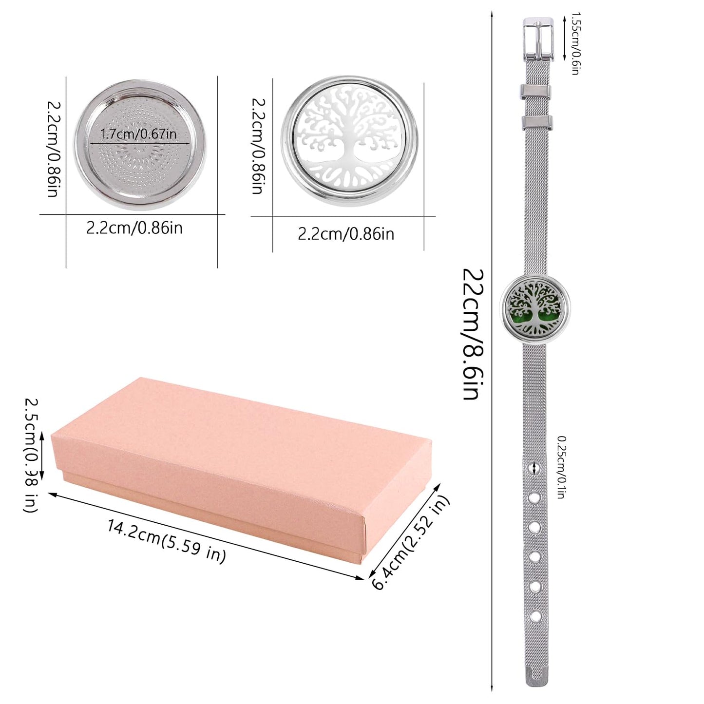 Essential Oil Diffuser Bracelet with Gift Box Aromatherapy Locket Adjustable Stainless Steel Tree of Life Watch Chain Bracelet with 10 Pcs Refill Pads for Women