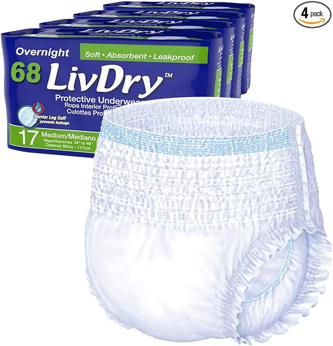 LivDry M Overnight Adult Diapers for Women and Men, Incontinence Underwear, Medium, 68-Pack