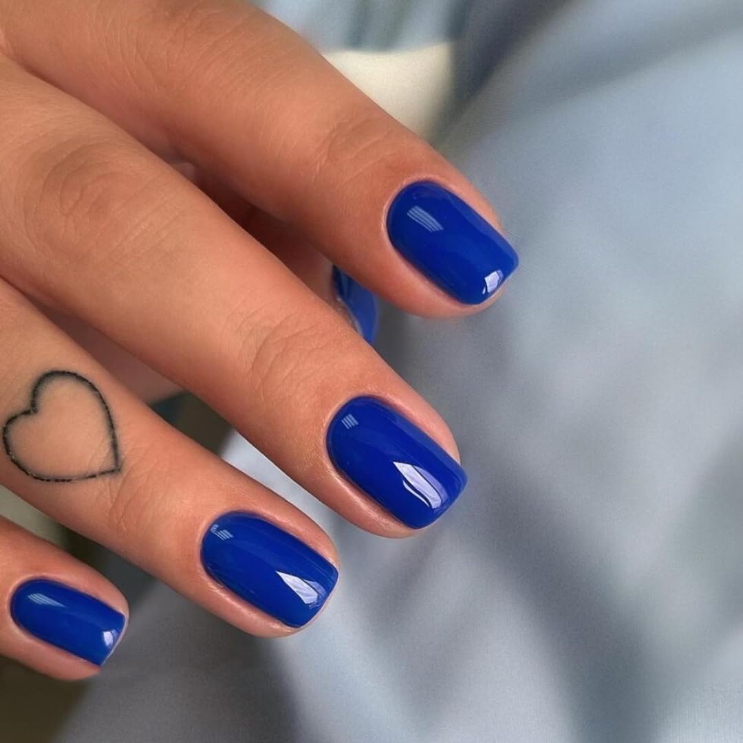 Royal Blue Press On Nails Short Square, Natural Gel Nails Glue on Fall Colors 2025 Trendy Acrylic Nails Press ons Featured Protective Coat Thick Reusable Fake Nails 24 Short Coffin Nails