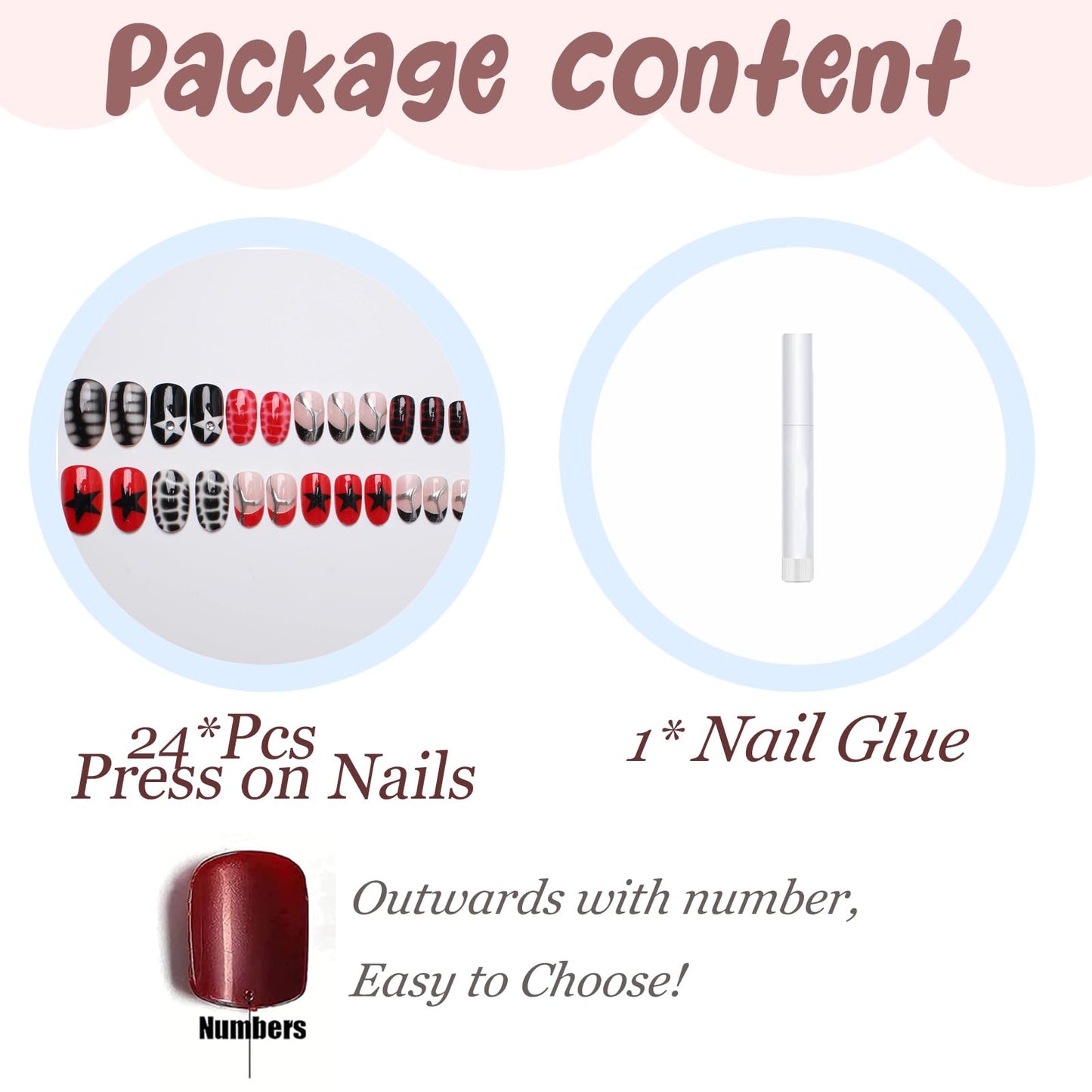 BABALAL Goth Press on Short Artificial Nails 24pcs Acrylic French Tip, Black Red, Y2k Star, Silver Chrome, 24Pcs Glossy Full Cover Oval False Nails for Women Girls
