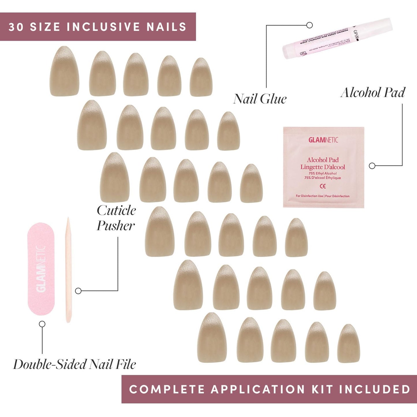 Glamnetic Press-On Nails - Honey Bun | Nude Velvet Sparkly Short Almond Fake Nails | 15 Sizes - 30 Nail Kit with Glue and Remover