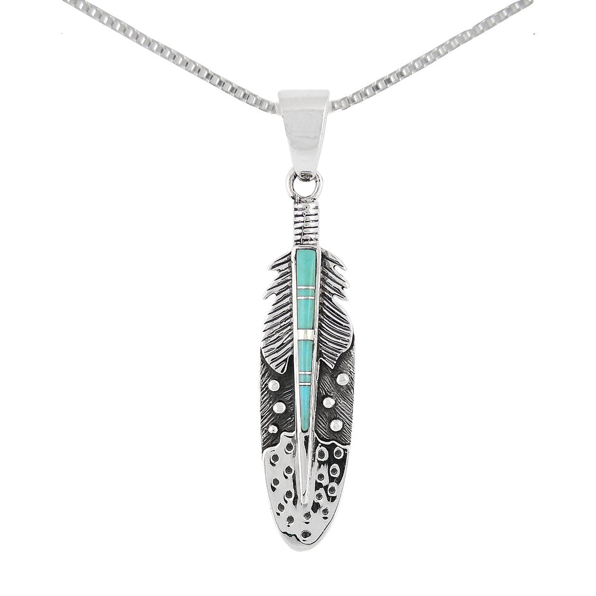 925 Sterling Silver Gemstone & Turquoise Feather Necklace (Pendant & 24" Chain) (Turquoise)