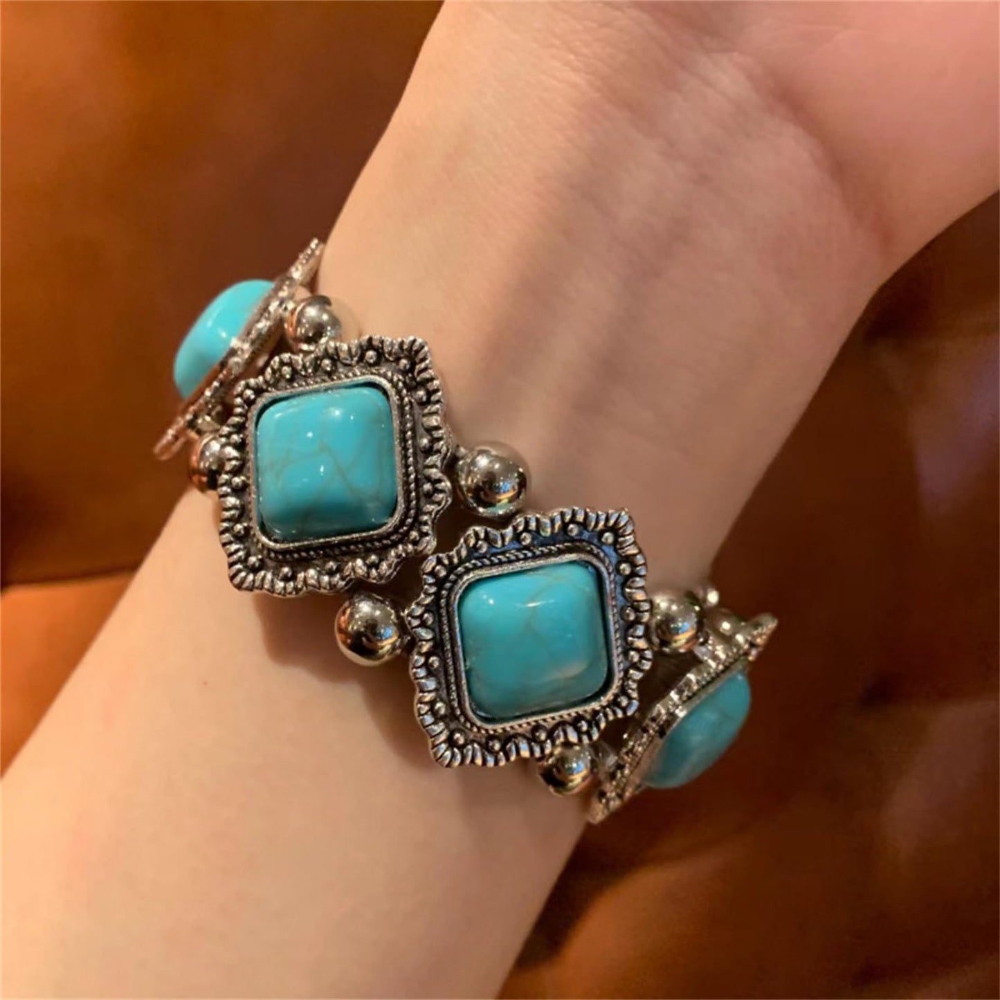 QLYOVWE Turquoise Stone Silver Overlay Link Bracelet for Women Bohemia Gemstone Adjustable Link Bracelets Handmade Link Bracelets Christmas Summer Beach Bracelets Jewelry (Blue)