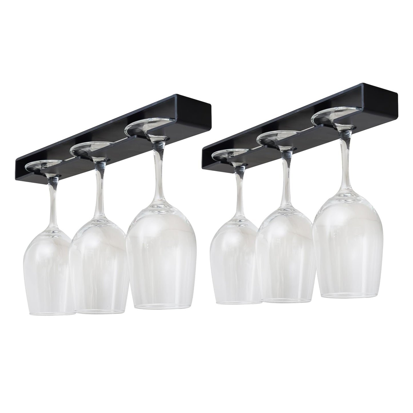 AQJUNONG 2 Pack Wine Glass Rack, No Drilling Under Cabinet Stemware Rack Organizer Hanger for Bar and Kitchen Cabinet (Classic Black)