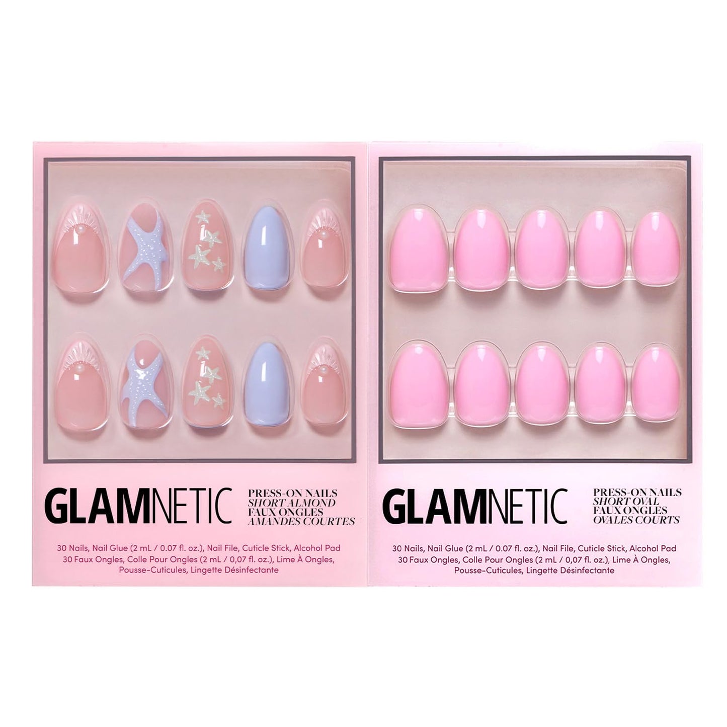 Glamnetic Press-On Nails Bundle - Salty Waves & Think Pink | Short Almond Starfish Fake Nails with 3D Nail Art | Light Pastel Pink Short Oval Fake Nails | Reusable, Salon-Quality Nail Kits