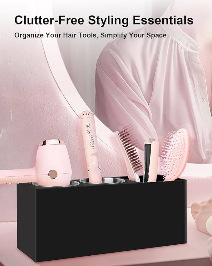Hair Tool Organizer, Hair Dryer Holder with Heatproof Steel Cups, Acrylic Vanity Organizer for Curling Iron, Flat Iron & Hair Brushes, Perfect for Bathroom (Black, Standard)