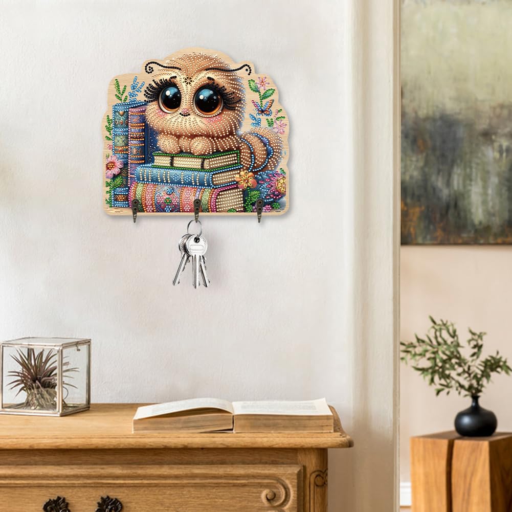 Diamond Art Pianting Key Holder, Cute Caterpillar Wall Organizer with 3 Hooks & Adhesive Backing, DIY Entryway Decor for Keys, Unique Functional Craft Gift for Women, Home Office Organization