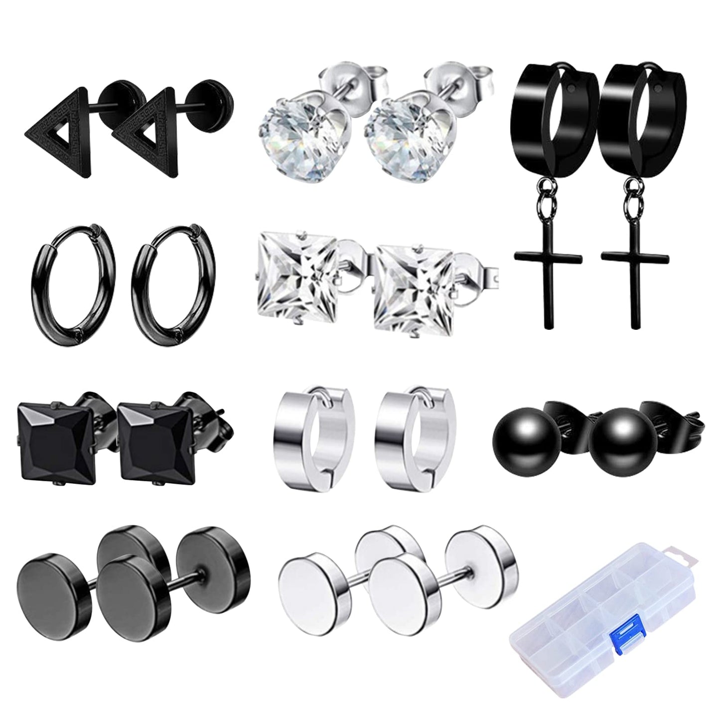 LEBOCADO 10 Pack Men Earrings Set Black and Sliver Earrings for Men Women, Stainless Steel Hoop Stud Earrings Fashion Piercing, Punk Earrings with Storage Boxes