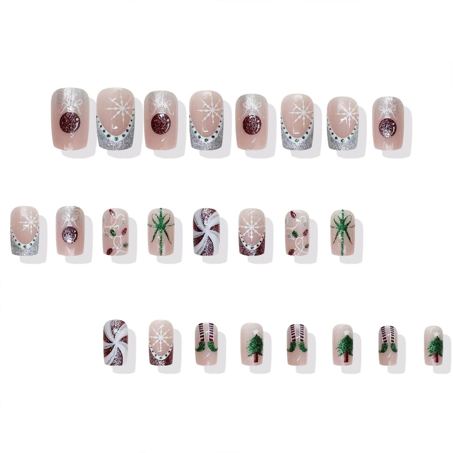 LWTZLW Christmas Press on Nails White Red French Tip Medium Square False Nails Gift Glitter Glue on Nail Snowflake Design Acrylic Fake Nails Winter Artificial Glossy Nail Reusable for Women