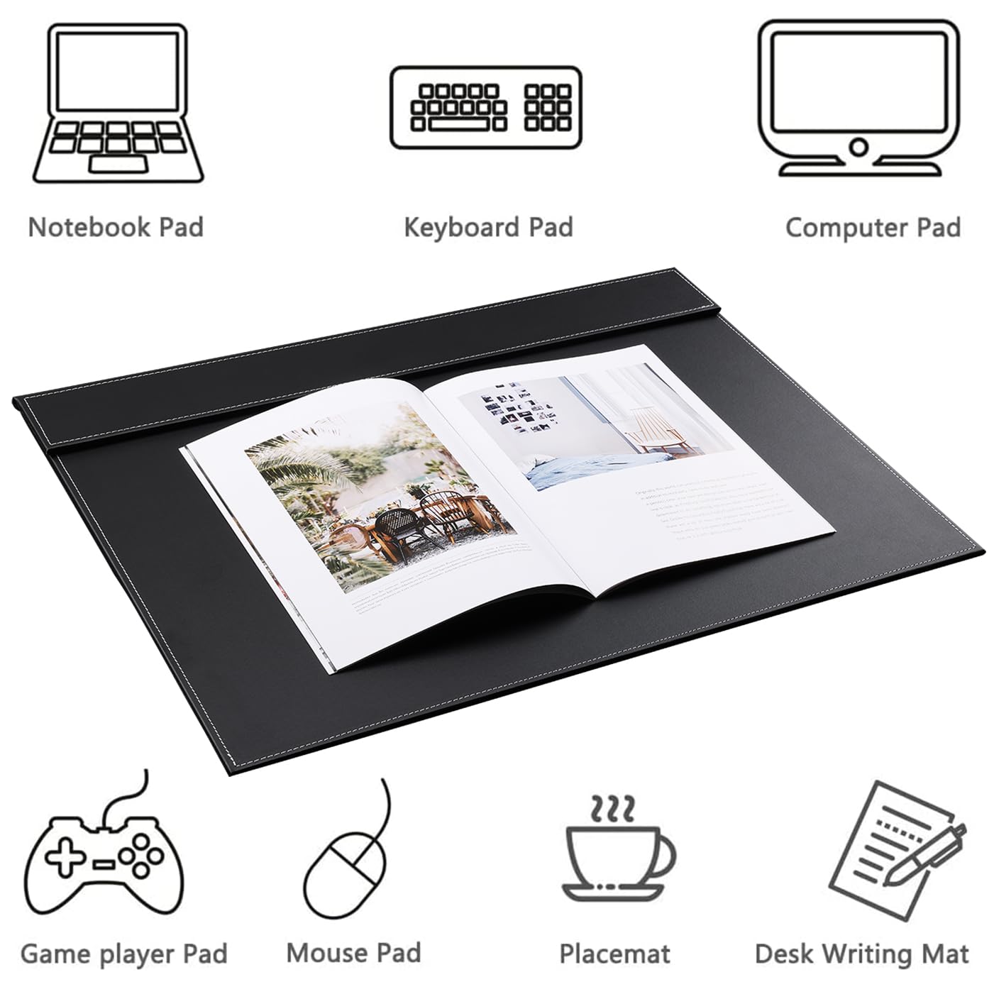 KINGFOM Ultra-Smooth PU Leather Desk Pad & Mat Office Desk Drawing & Writing Board A3/ A4 File Paper Clip Table Protector Mat on Top Large 24''x18'' (Black)