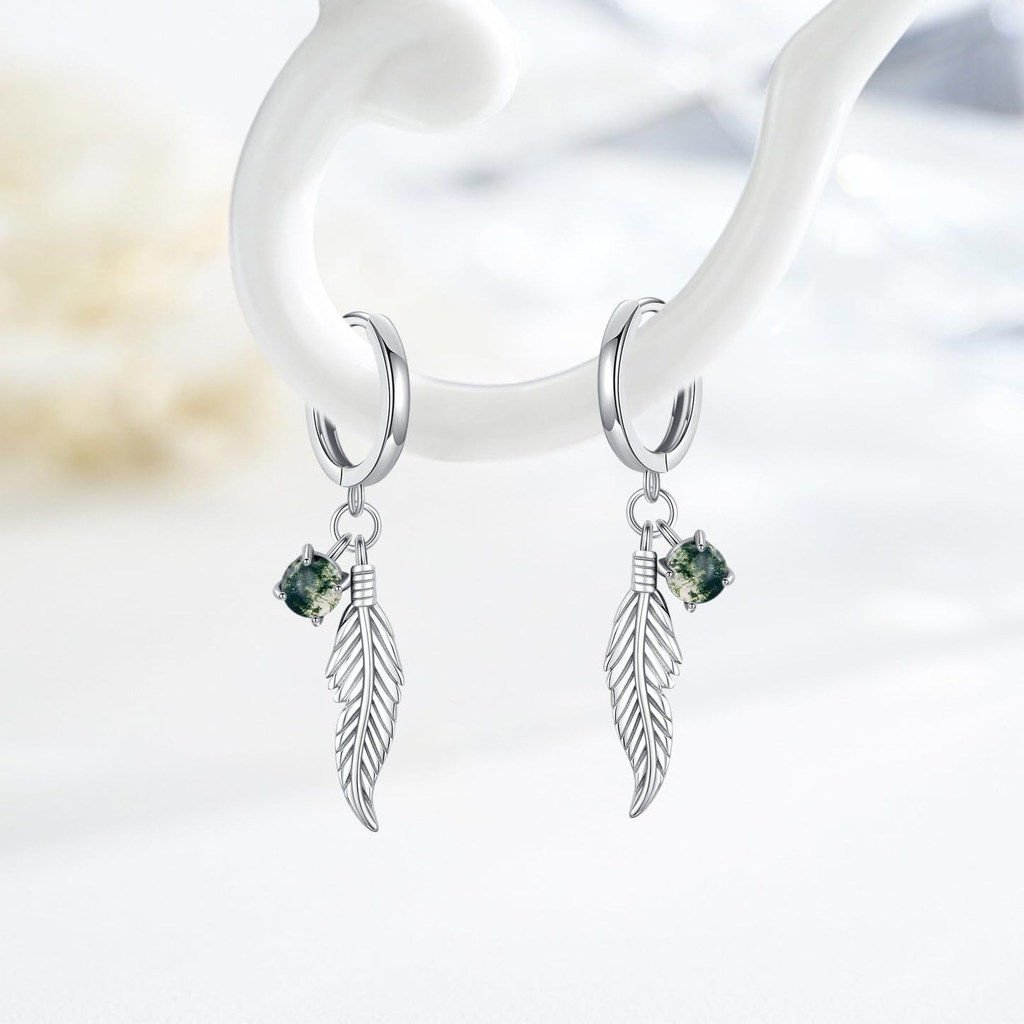 Feather Moss Agate Earrings 925 Sterling Silver Moss Agate Dangle Drop Earrings Feather Jewelry Bohemian Gifts for Women