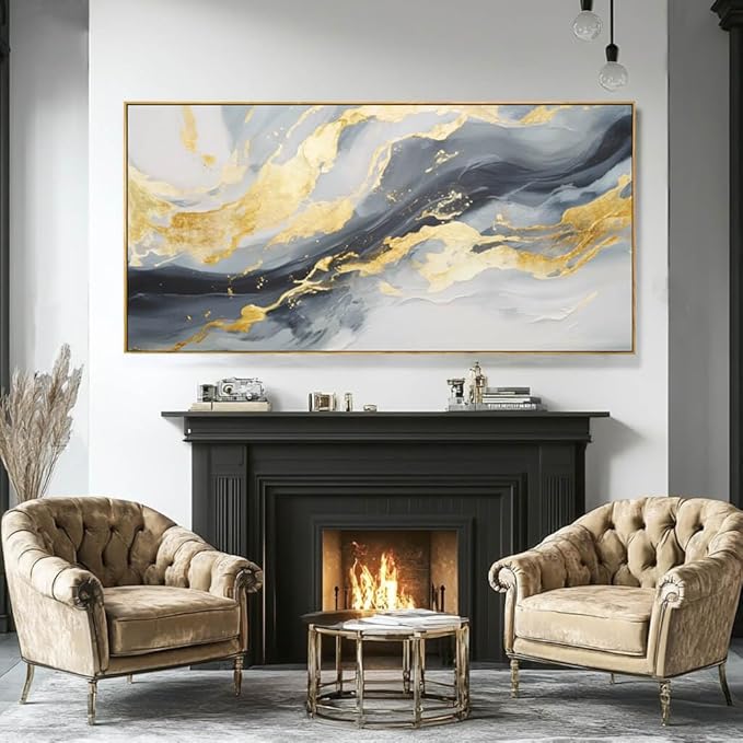 SDYA Large Abstract Canvas Wall Art Gold Decoration Blue Painting for Living Room Bedroom Kitchen Home Office 29x58 Inch