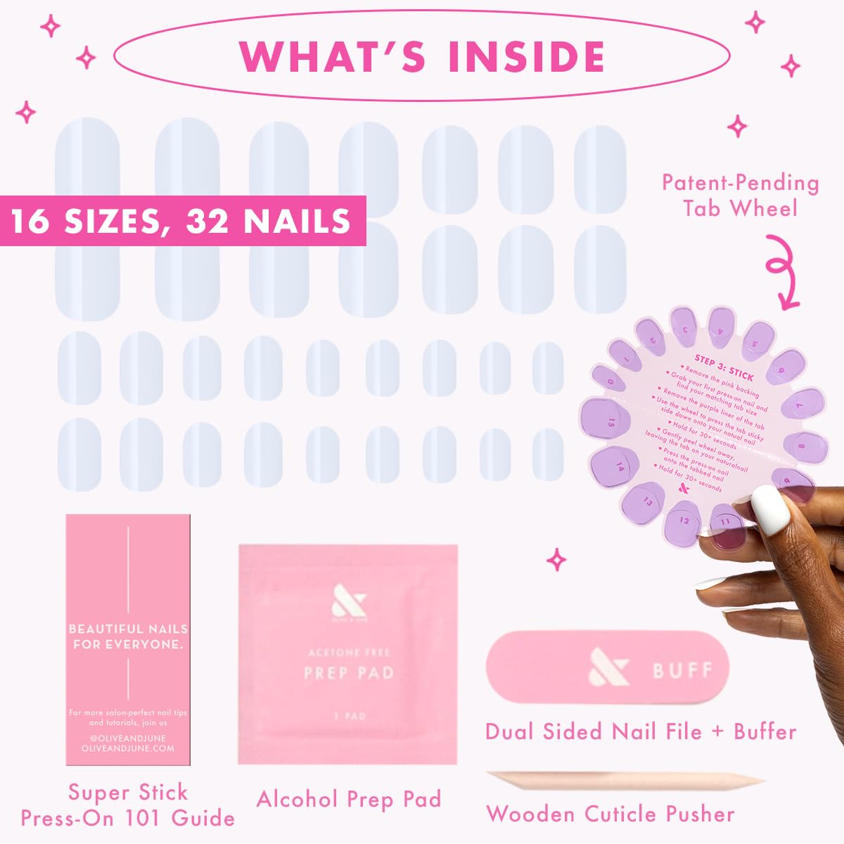 Olive & June Classic Super Stick Mani Press On Nails | No Glue Needed | 32 Tab Nails 16 Sizes | Non-Toxic Tabs Non-Damaging 7-Day Wear | Spring Flowers & Patterns | Short, Round | Rink Pastel Blue