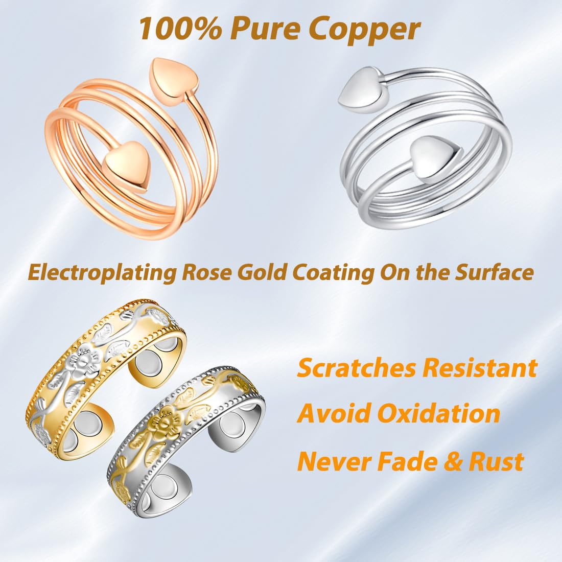 Vicmag Copper Magnetic Ring for Women, Magnetic Rings Ladies Fingers Thumb 100% Solid Pure Copper Jewelry Gift Adjustable(4PCS Love Heart+Flower)