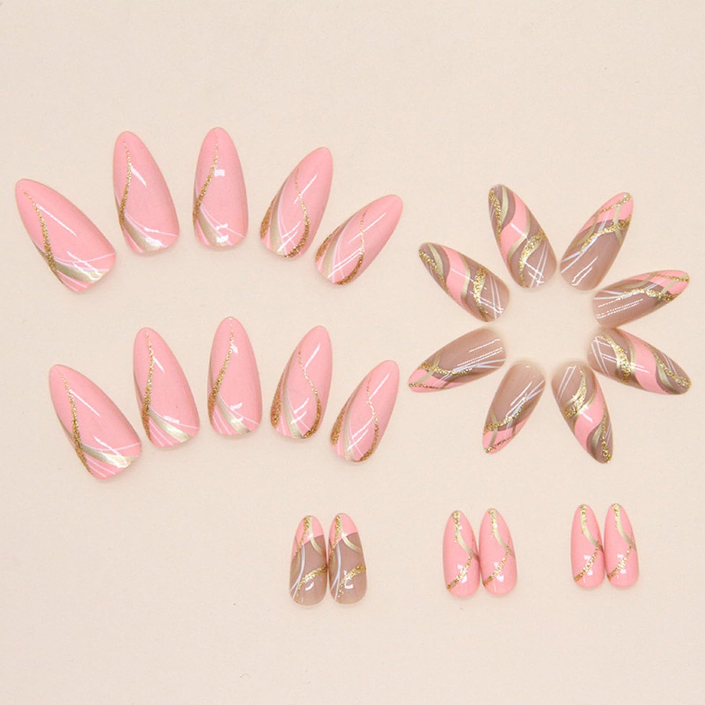 FJSMTOPl Pink Press on Nails Almond Fake Nails Press ons with Design Gold Swirl Medium False Nails Acrylic Glue on Nails Cute Glossy Full Cover Artificial Stick on Nail for Women Manicure 24Pcs