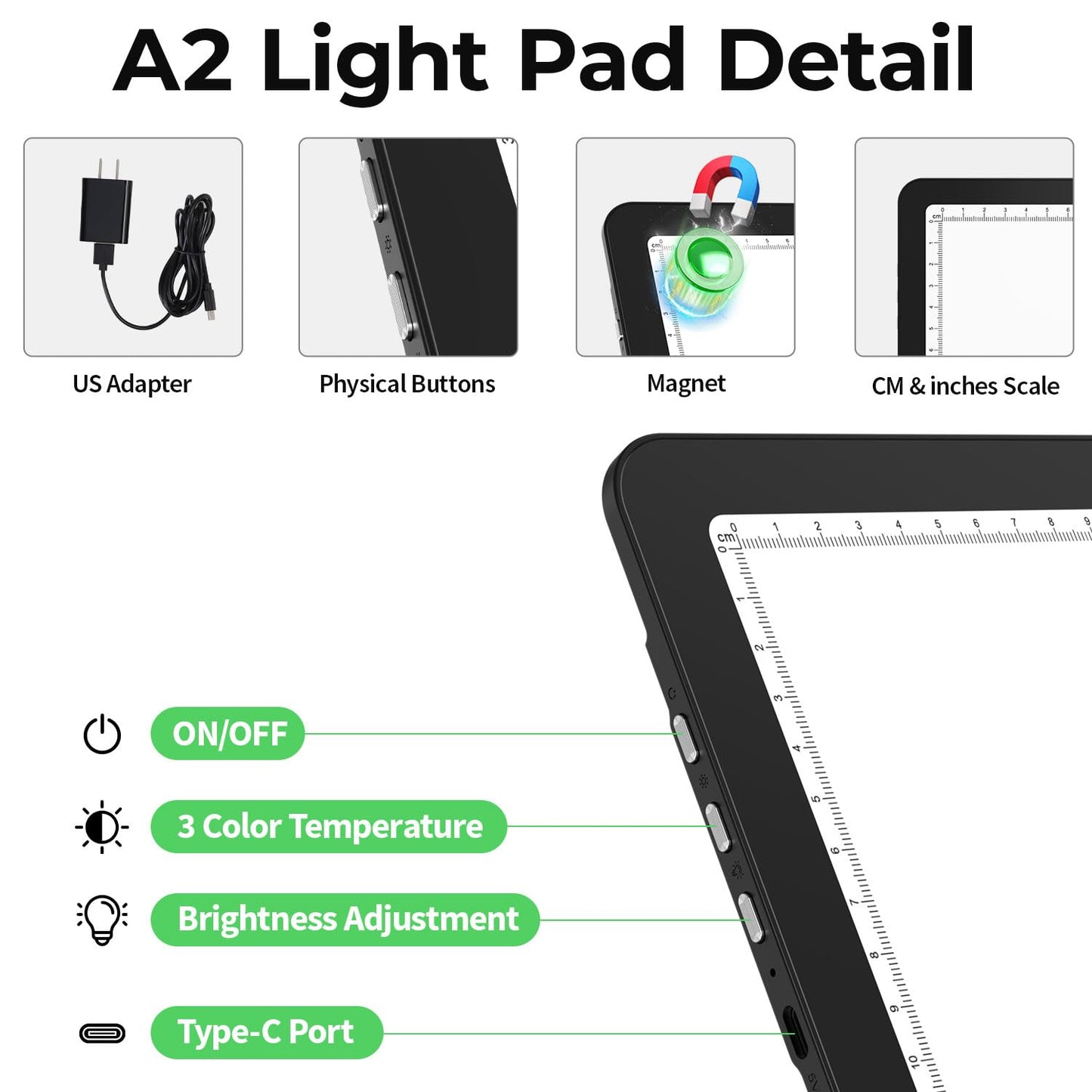 Zocelight Rechargeable A2 Light Pad 25.2" x 18.4",Magnetic Light Board for Diamond Painting,Physical Buttons,US Adapter,3 Colors,Stepless Dimming Light Box for Tracing, Light Table Sketching,Drawing