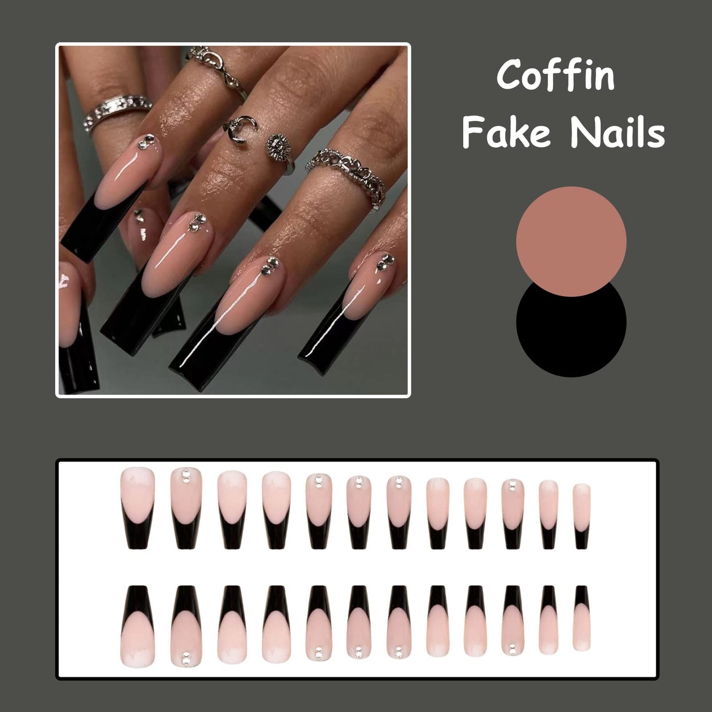MISUD Press on Nails - Long Coffin Fake Nails with Black French Tip, Acrylic Rhinestone Design 24 pcs