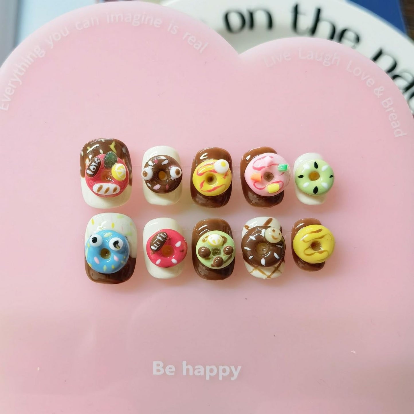 Cute Handmade Press on Nails Extra Short Square 3D Unique Reusable ABS Material Fake Nails Luxury False Nails with Designs Doughnut Dessert Art Glossy Glue on Nails Thick Acrylic Nails(S)