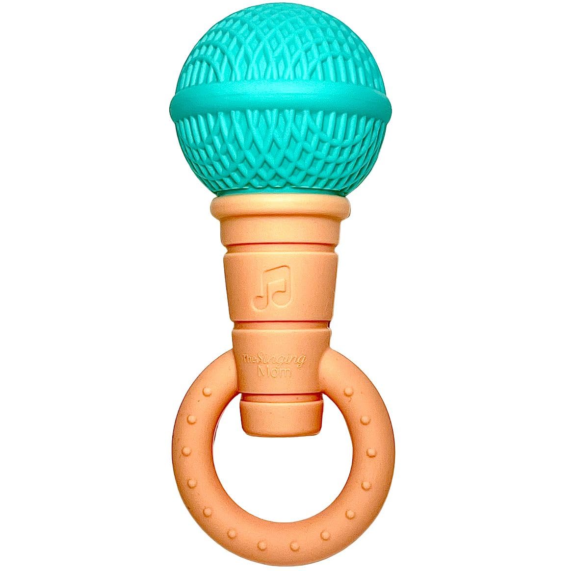 Microphone-Shaped Silicone Baby Teether - BPA Free, with Rattle, Musical/Singing Toy, Dishwasher & Freezer Safe, Easy-to-Grip Teething Shaker Toy for Newborns, Infants, Toddlers. (Teal Peach)