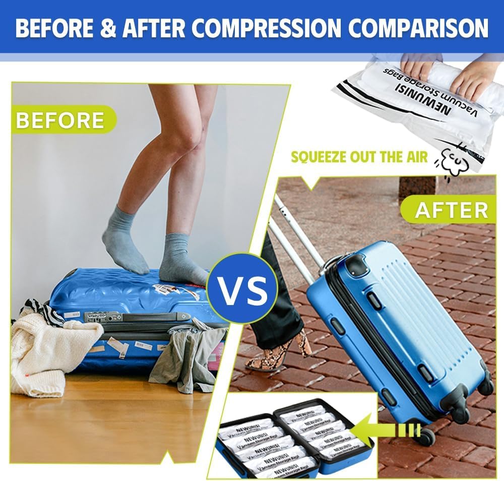 12 Pack Vacuum Storage Bags, Compression Bags for Travel, Roll Up Reusable Travel Space Saver for Luggage, Camping, and Storage (No Vacuum or Pump Needed).