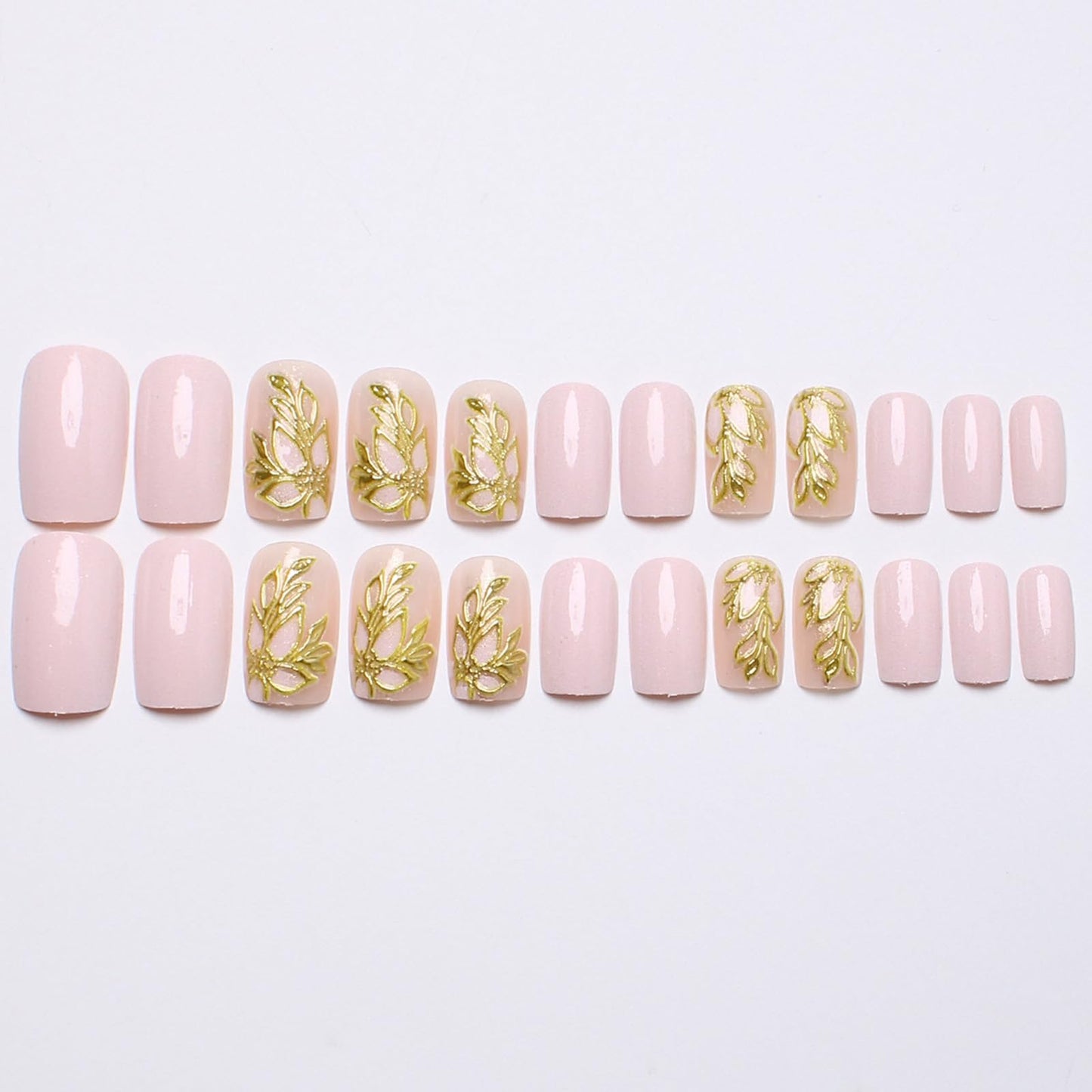 SINHOT Square Press on Nails - Medium Fake Nails, Glossy Finish, Gold Chrome Butterfly & Nude Natural, DIY Artificial False Nail Art - 24 Pcs Nail Kit with Glue