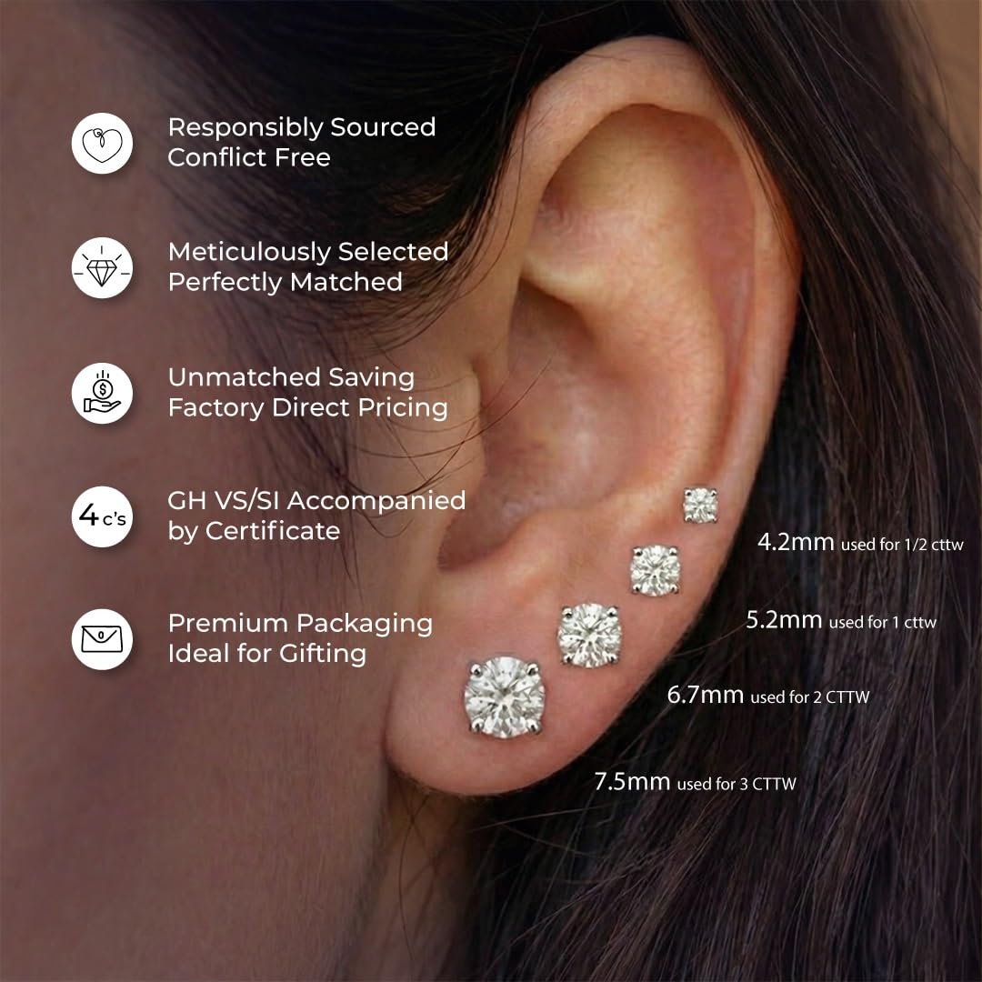 Diamond Earrings for Women | Lab Created 1/6 CTTW Real 14K Yellow Gold Small Diamond Studs | Certified by Gemologists | Ideal Valentine's Day Surprise for Wife