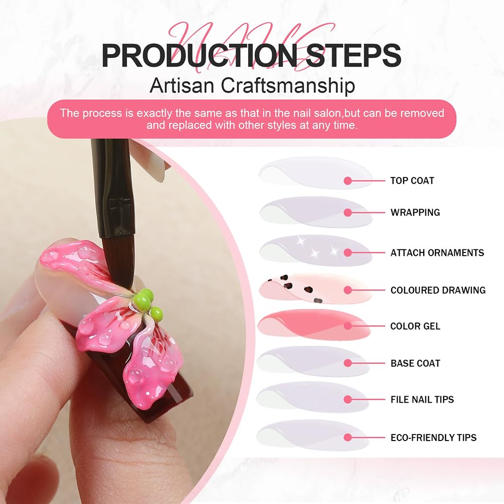 Handmade Press on Nails Long Coffin False Nails Blue French Tip with 3D Flower Designs Beach style Charm Cute luxury Sparkly Acrylic Nails for Women (Size M）10pcs