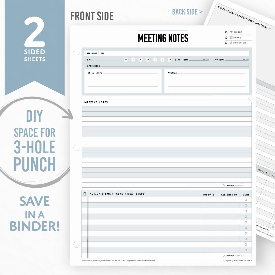 Goody Farm Meeting Notepad - 8.5 x 11-50 Sheets Double Sided Work School Meeting Pad Objectives, Agenda, Notes, Action, Tasks, Project Pads