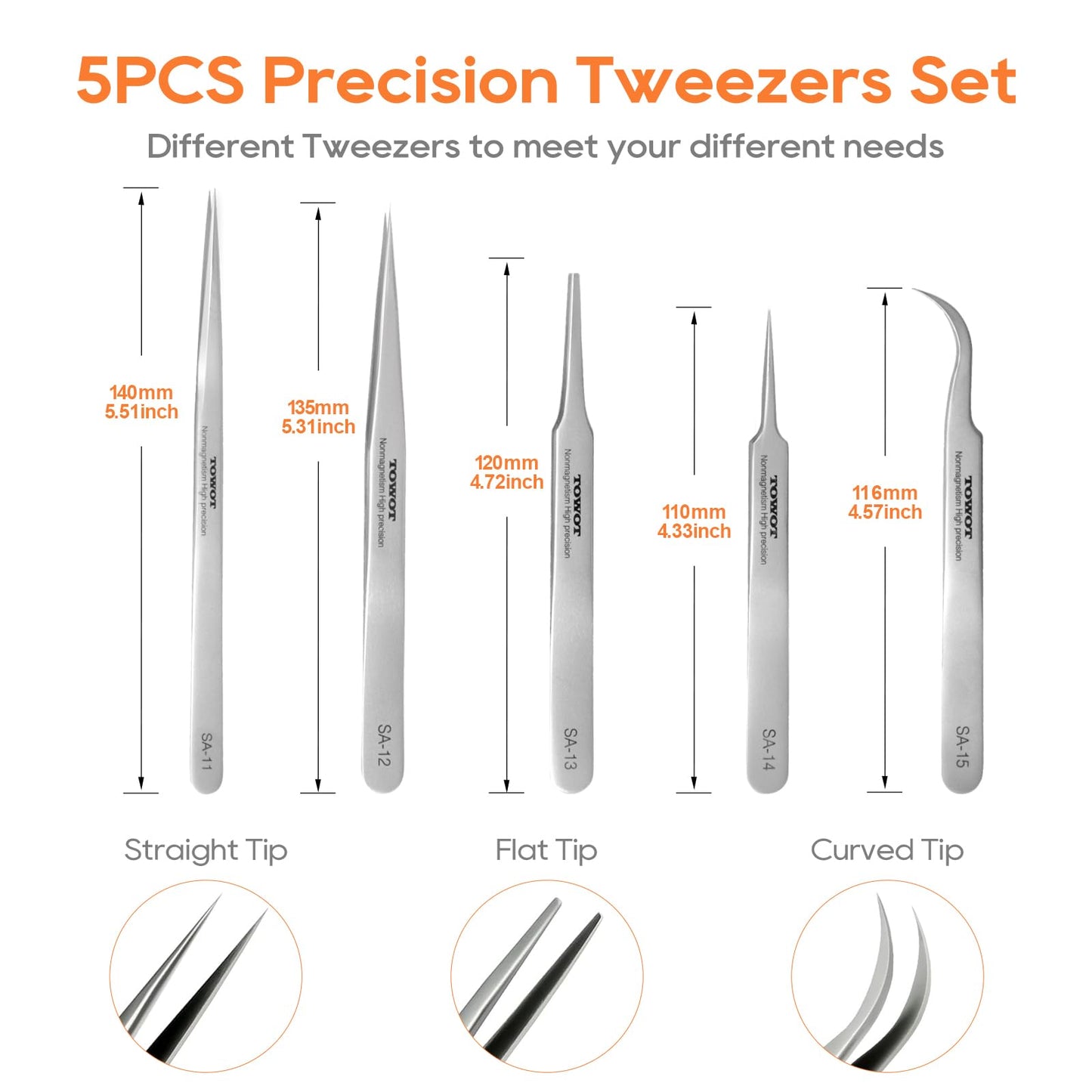 TOWOT Precision Tweezers, 5 PCS Stainless Steel, Non-Magnetic, Heat Resistant, Curved, Jewelry, Electronics, Craft, Soldering, Experimental Work