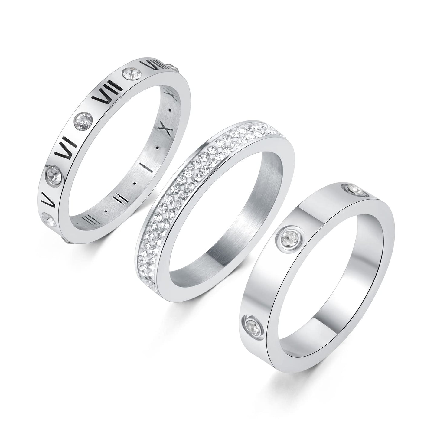 YIKOXI 3pcs Love Friendship Lucky Ring Cubic Zirconia Gold Ring Sets for Women Stainless Steel Wedding Statement Thumb Ring Bands (Silver, 9)
