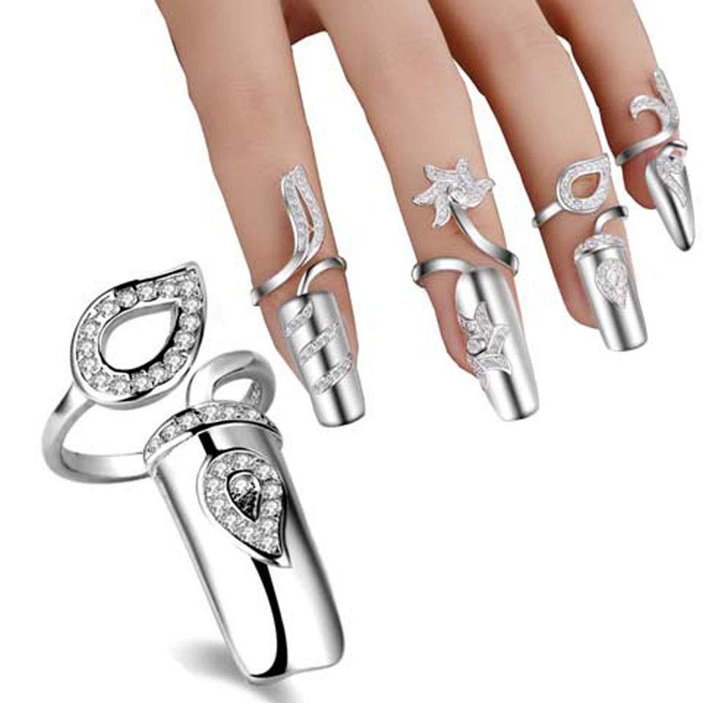 Suoirblss 4 PCS Women's Nail Cap Cover Ring Nail Protecting Fingernail Rhinestone Finger Tip Nail Ring Adjustable Opening Nail Art Charms Accessories (Silver)