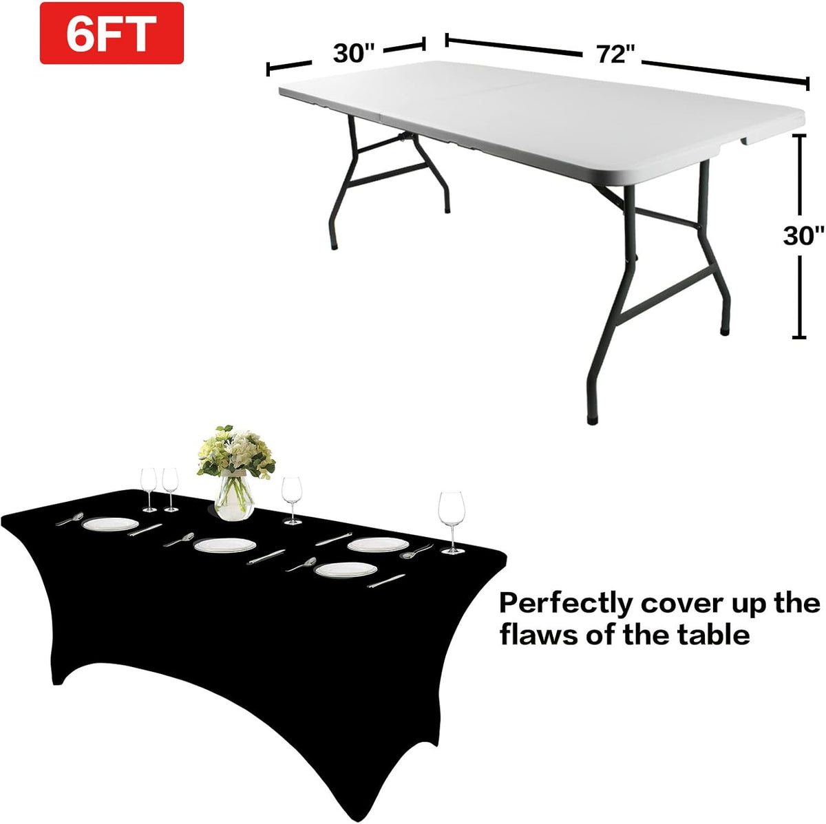 IVAPUPU 2 Pack 6FT Table Cloth for Rectangular Fitted Events Stretch Black Table Covers Washable Spandex Tablecloth Protector for Party, Wedding, Cocktail, Banquet, Festival
