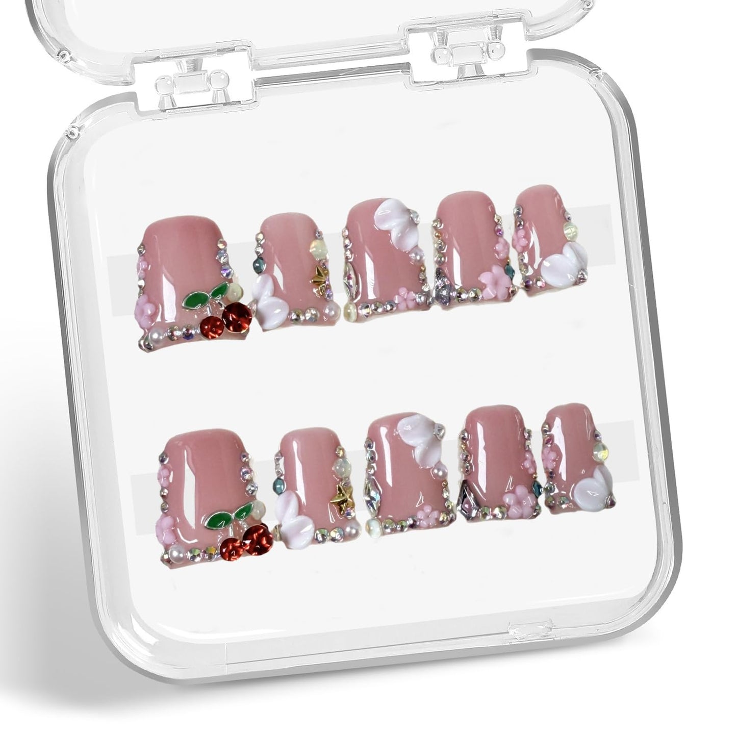 Duck Press on Nails Duck Handmade Press on Nails 3D Luxury Rhinestone Cherry and Pearl Acrylic Fake Nails Designs Flower Stick on Nails Full Cover Thickened False Nails for Women Nail Art DIY（M)
