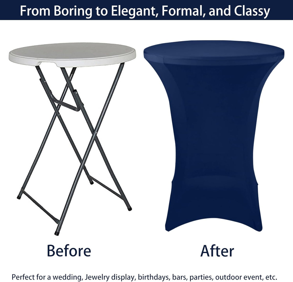 12 Pack Cocktail Spandex Tablecloth 32"x43" Cocktail Table Cover Fitted High Top Round Table for Bar Wedding Birthday Party Banquet (Navy Blue)