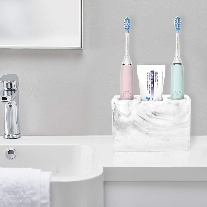 Luxspire Electric Toothbrush Holder, 3 Slots Large Marble Toothbrush Toothpaste Stand, Resin Storage for Bathroom Accessories Vanity Counter Sink Organizer Caddy Marble Style- Ink White