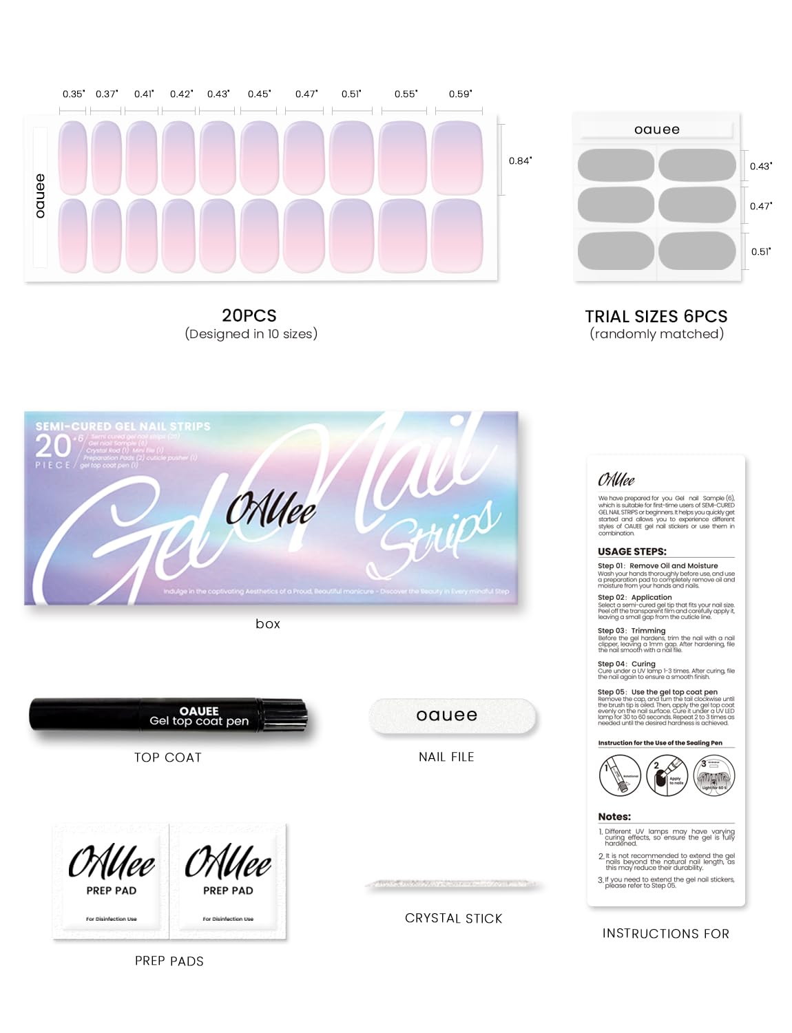 Oauee Semi Cured Gel Nail Strips | Built-In Gel Top Coat | UV Light Required | Salon Quality, Easy Application And Removal (Lilac Whispers）