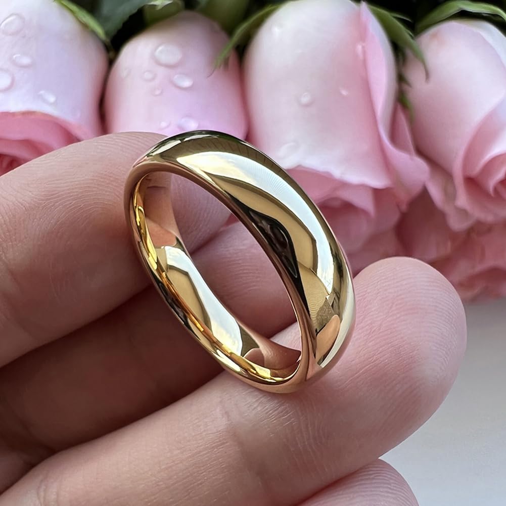TUTISS 6mm Gold Tungsten Rings for Men Women Engagement Wedding Bands Domed Polished Comfort Fit Size 10
