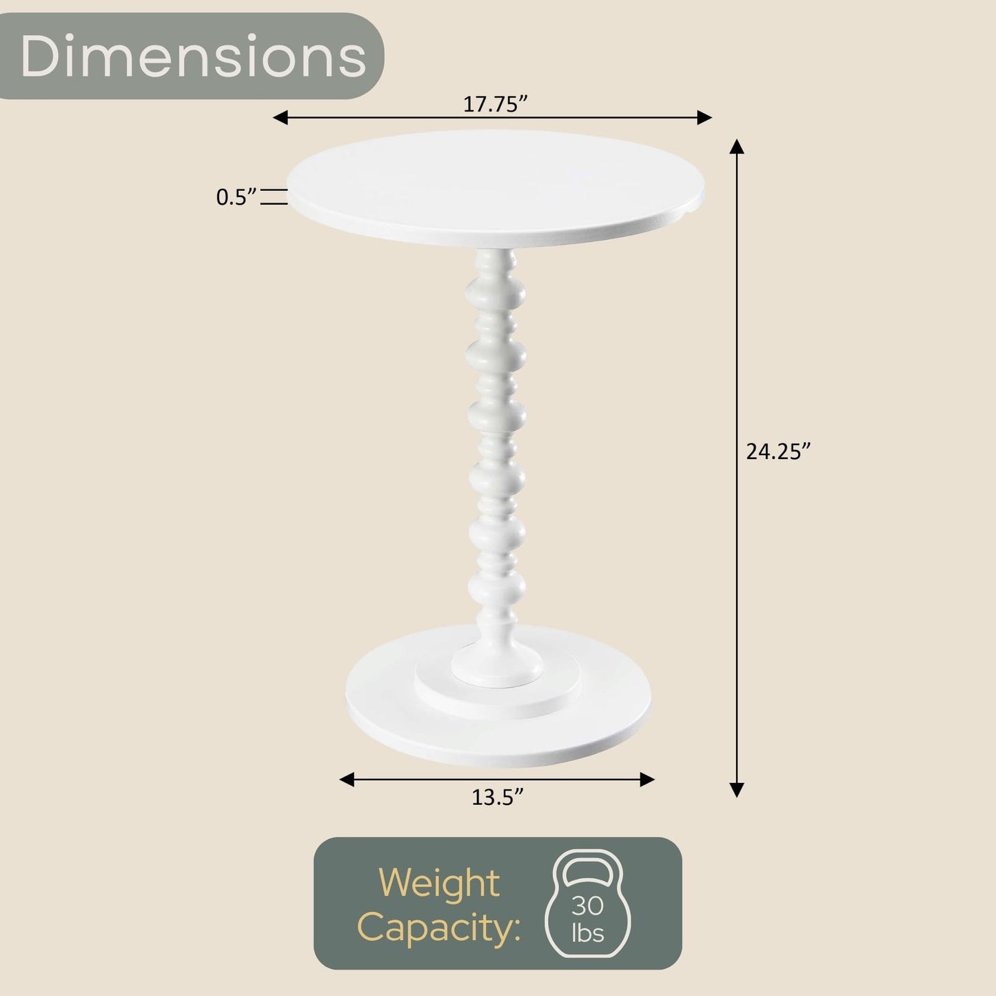 Convenience Concepts Palm Beach Spindle Table 17.75" - Traditional Round End Table for Living Room, Turned Solid Wood Side Table, Classic Display Pedestal Table, White