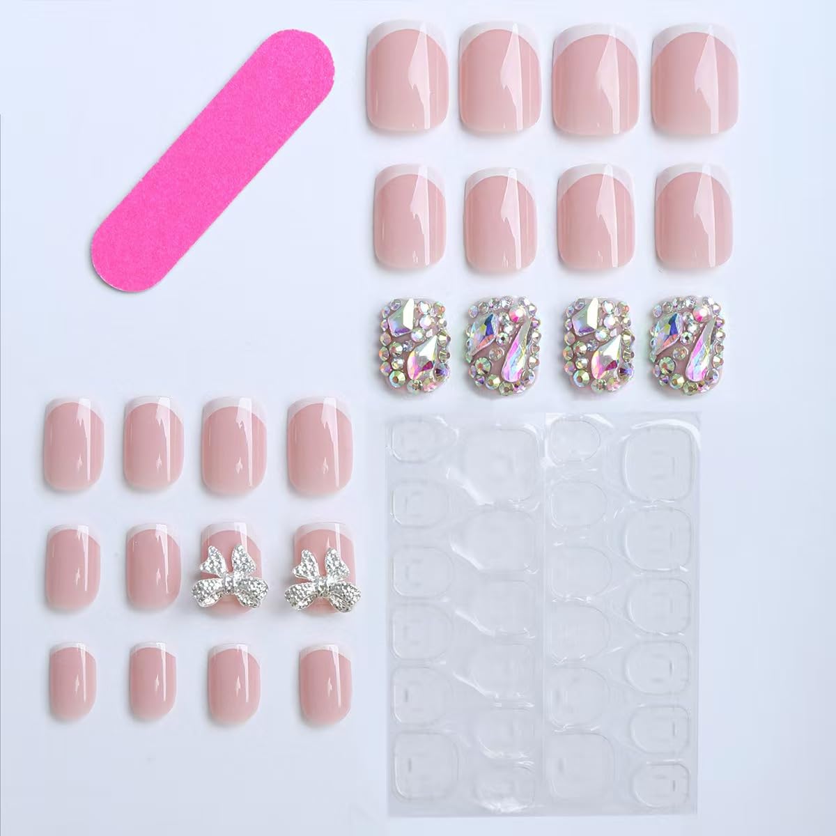 Rhinestone Press on Nails Square Medium Fake Nails with 3D Sliver Bow White French Tip Design Full Cover Sparkling Stick on False Nails for Women 24 Pcs