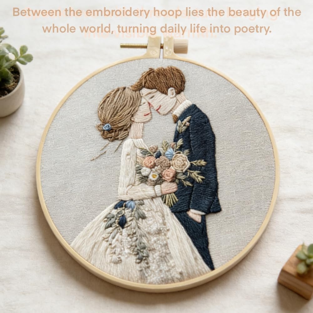 HCANPER Sweet Couple Embroidery Starter Kit, Valentine's Day Gifts，DIY Needle Punch Kit, Punch Needle Kits for Beginners,Include Pre-Printed Fabric,Tools,Embroidery Hoop,Threads. (Four)
