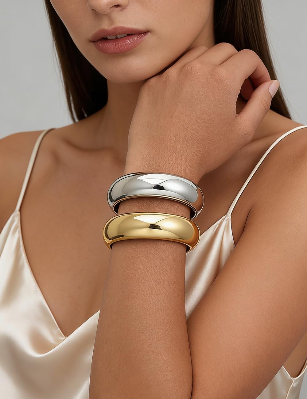 Chunky Gold Bangle Bracelets for Women, Dainty 14k Gold Plated Big Stackable Bangles Set, Trendy Statement Cuff Bracelet Stack Fashion Jewelry Gifts (2 Silver & gold chunky bangles)