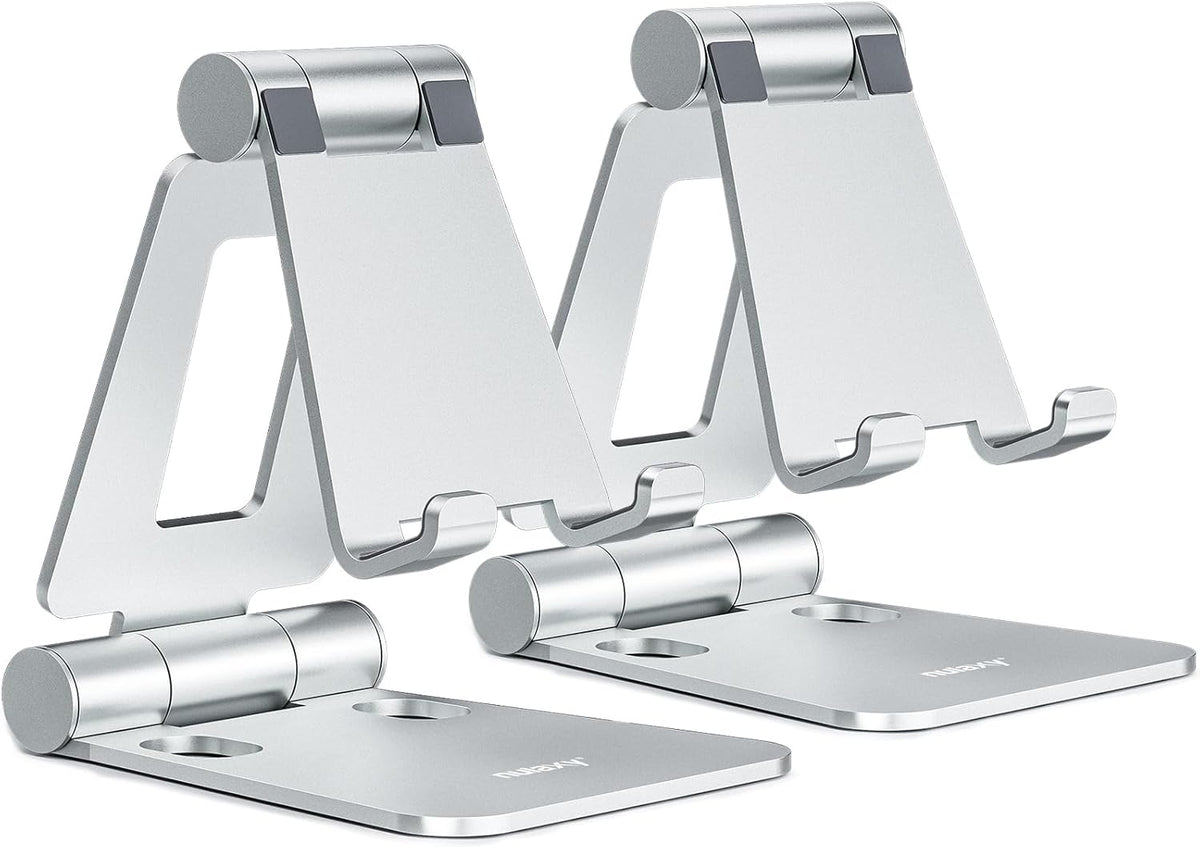 Nulaxy 2 Pack Dual Folding Cell Phone Stand, Fully Adjustable Foldable Desktop Phone Holder Cradle Dock Compatible with Phone 16 15 14 13 12 Pro Xs Xs Max Xr, All Phones, Silver
