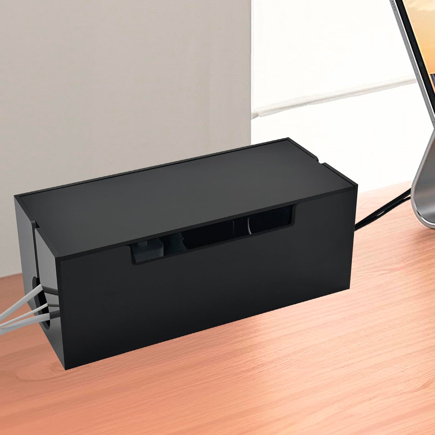 Cable Cord Organizer Box, 2 Open Slots Cords Hider Box, Under Desk Power Strip Organizer and Floor Cables Storage, Black