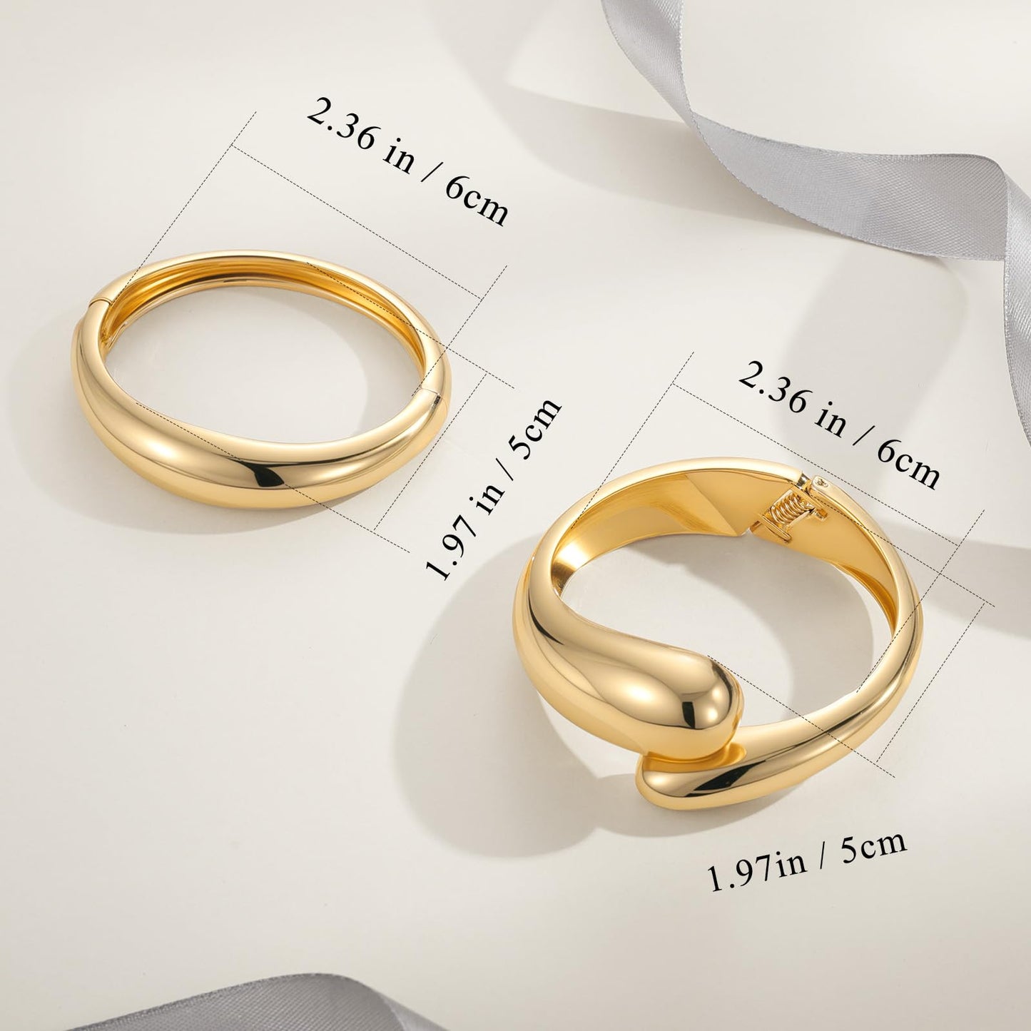 Yowivon Gold Bangles for Women, 2PCS Teardrop Chunky Gold Bracelet Set, Hinged Thin Wave Bangle Bracelets Stack for Women, Non Tarnish Wrist Cuff, Trendy Jewelry Gifts for Christmas Valentine Birthday